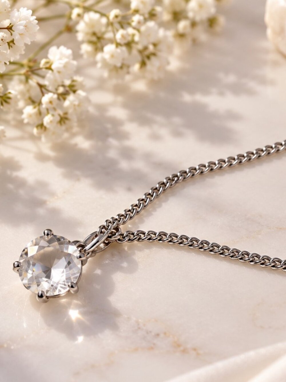 Vintage Silver Tone Round Solitaire Crystal Pendant Chain Necklace 18"